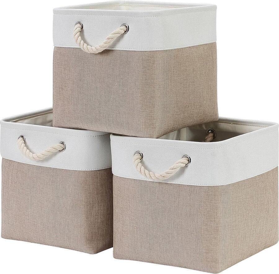 Stoffen opbergmanden opbergen met stijl set van 3 kaki crème canvas 25 x 25 x 25 cm