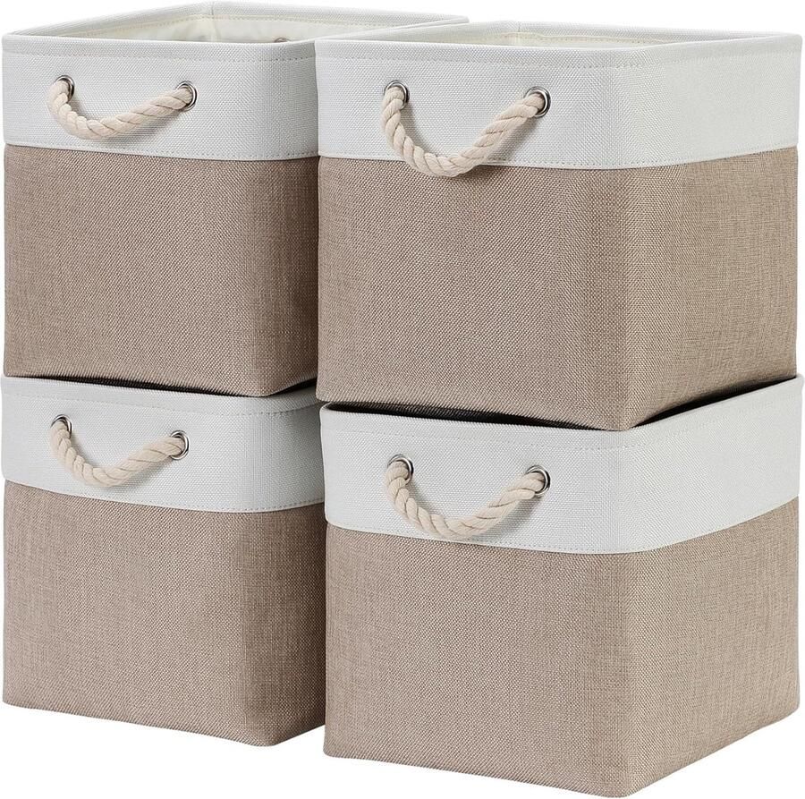 Stoffen opbergmand opbergdoos geschikt voor kasten en planken set van 4 kaki crème canvas 33 x 33 x 33 cm