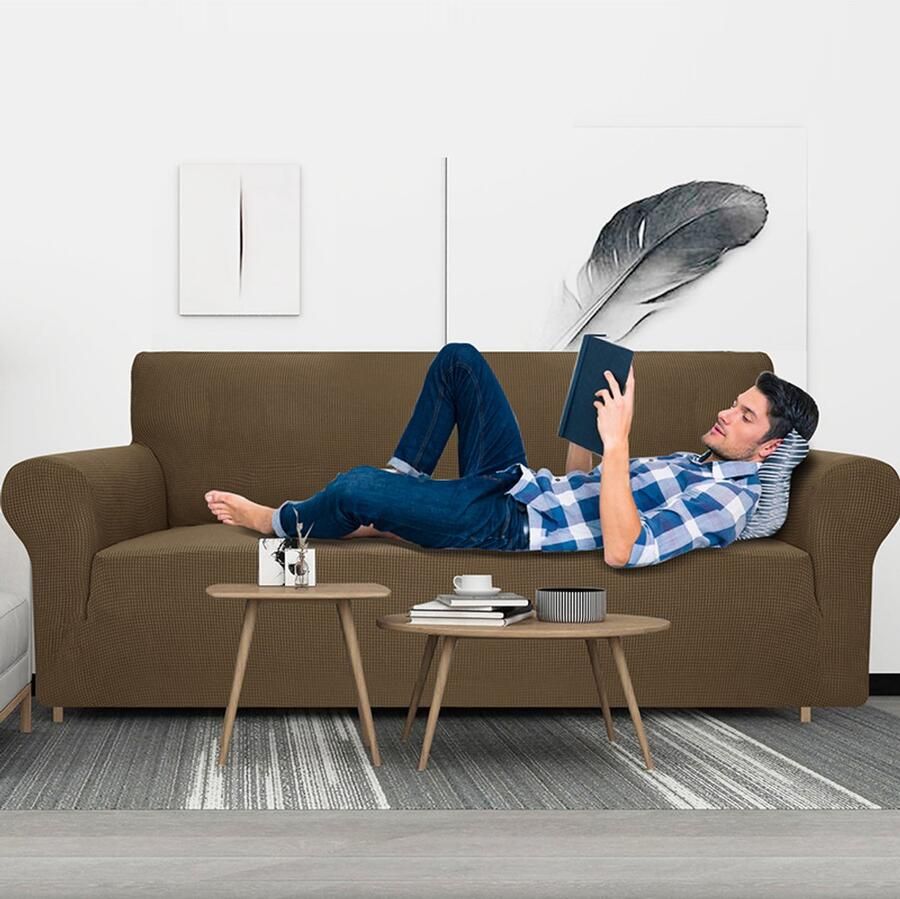 Stretch bankhoes 1 stuk bankhoes meubelbeschermhoes zacht met elastische onderkant geschikt voor kinderen polyester spandex jacquard stof kleine ruit (bank lichtbruin)