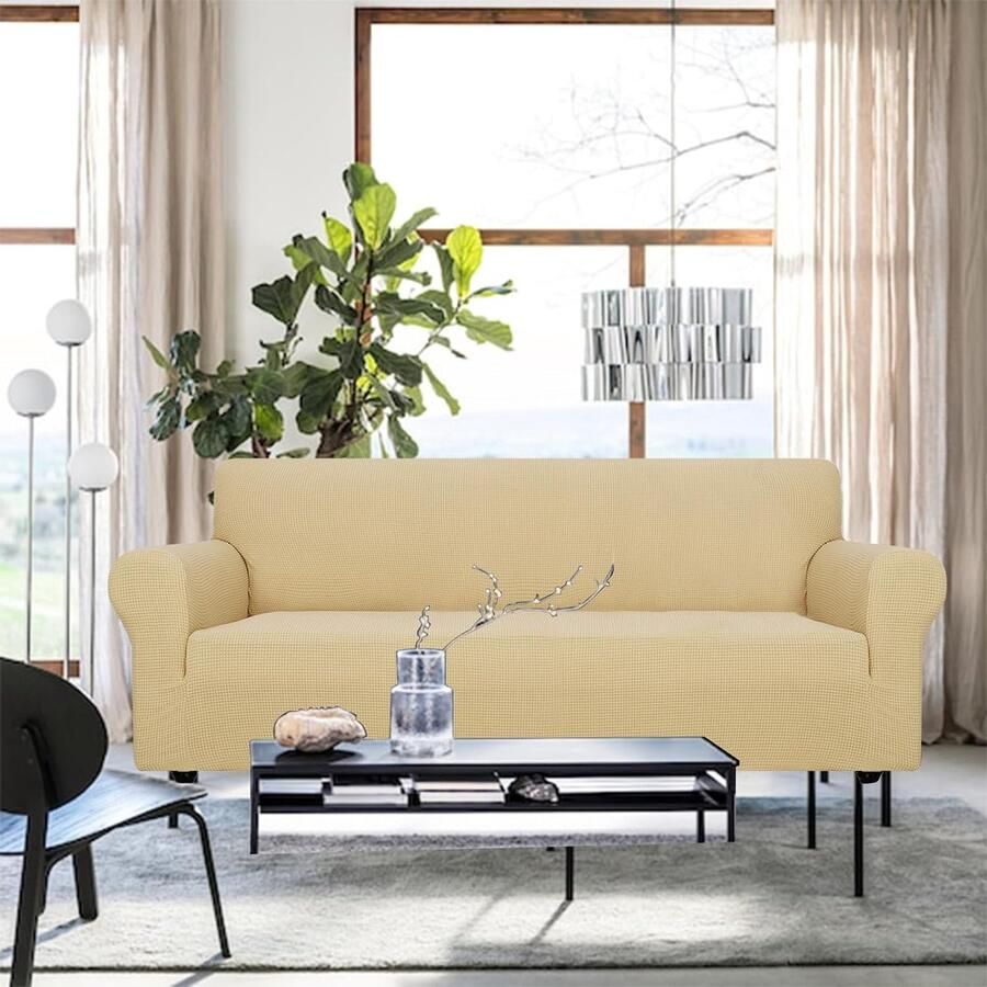 Stretch Bankhoes 2 Zits Elastische Bankhoezen Voor Woonkamer 1 Stuks Universele Rekbare Armsteun Sofahoes Met Anti-slip Schuim Krasbestendig Meubelhoes Voor Bank Beige