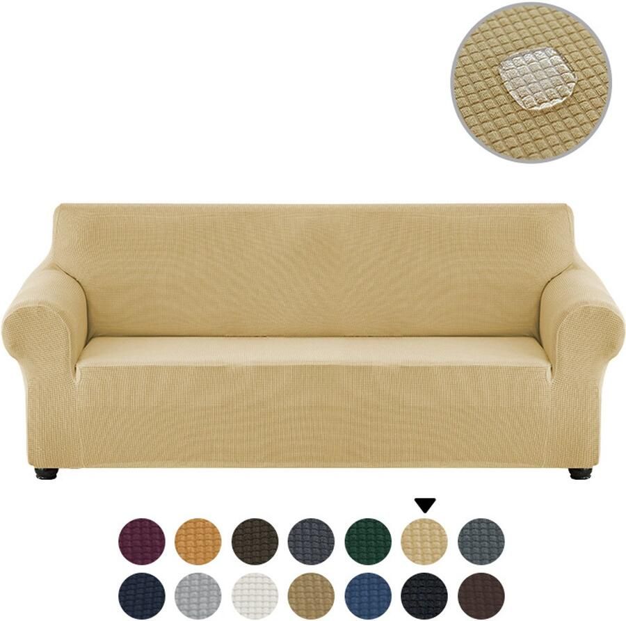 Stretch bankhoes 3 kussens huisdiervriendelijk (78-94 inch) meubelbeschermer voor bank met elastische onderkant geschikt voor kinderen en honden jacquard klein geruit (groot champagne)