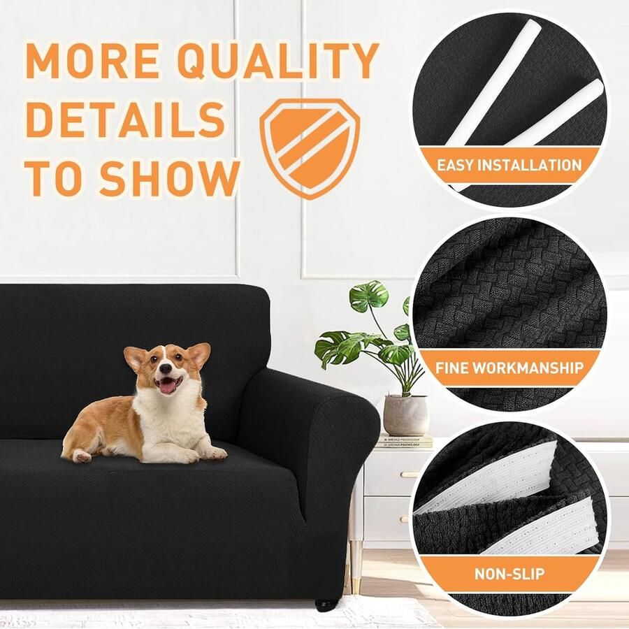 Stretch Bankhoes 3 Zits Elastische Bankhoezen Voor Woonkamer 1 Stuks Universele Rekbare Armsteun Sofahoes Met Anti-slip Schuim Krasbestendig Meubelhoes Voor Bank Zwart