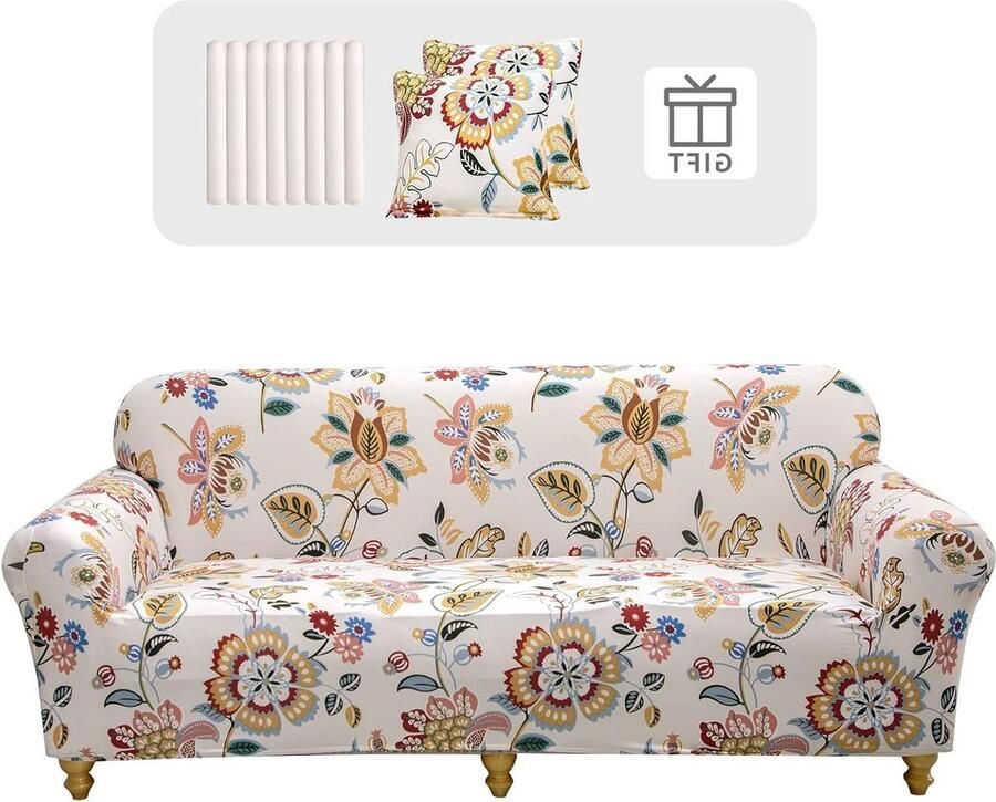 Stretch bankhoes 3-zits met elastische bankovertrek en 2 kussenslopen Bloemmotief Antislip en wasbaar