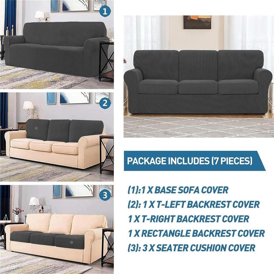 Stretch bankhoes donkergrijs meubelbeschermer 3-zits jacquardstof 185-235 cm