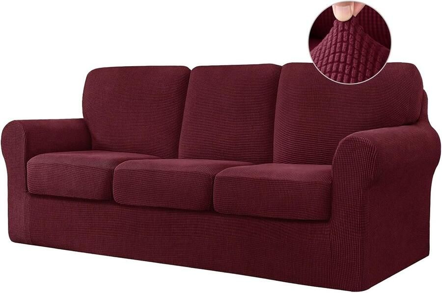 Stretch bankhoes met aparte rugleuningen en zitkussens Antislip en elastisch Jacquardstof 3-zits (185-235 cm) Wijnrood