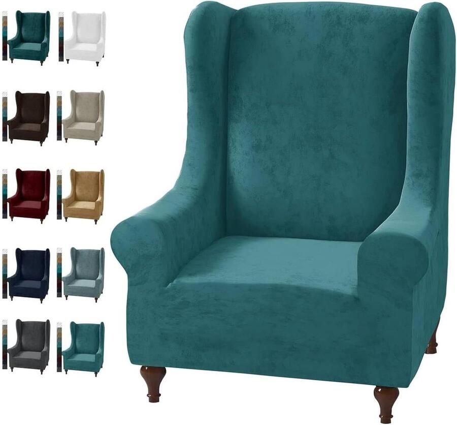 Stretch fluwelen Wingback-stoel slipcover zachte stijlvolle pluche pauwenblauw