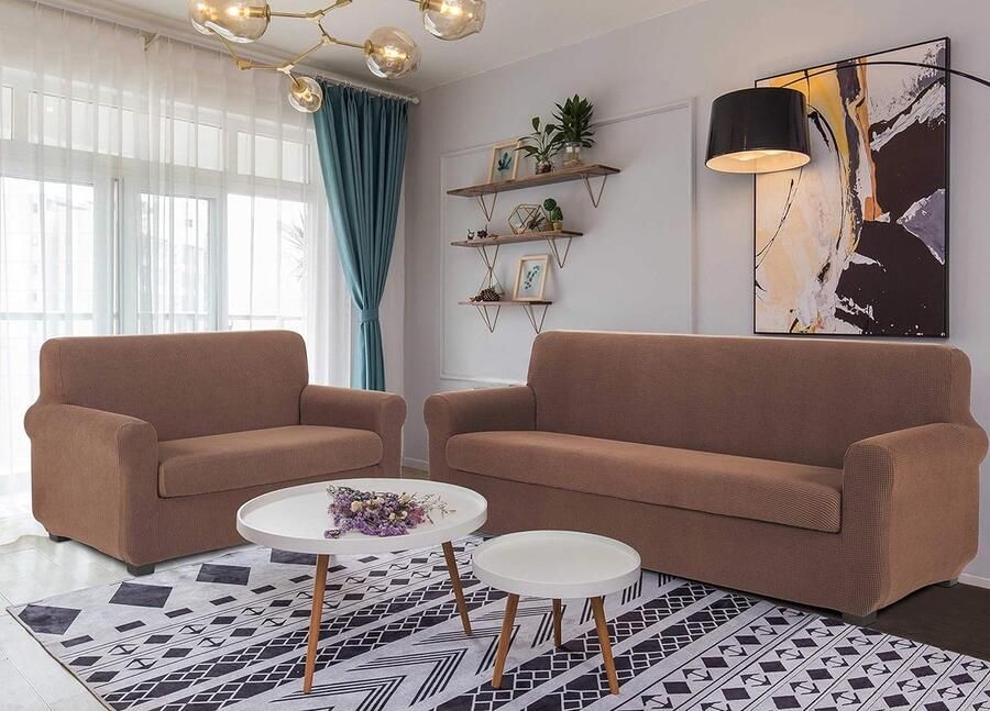 Sofahoezen+Kussenhoes Stretch meubelhoes voor fauteuil Huisdierhoezen Meubelbeschermer Hoesjes Zetelovertrek Bankbeschermer Jacquard Bankhoes(Fauteuil Koffie) - Foto 2