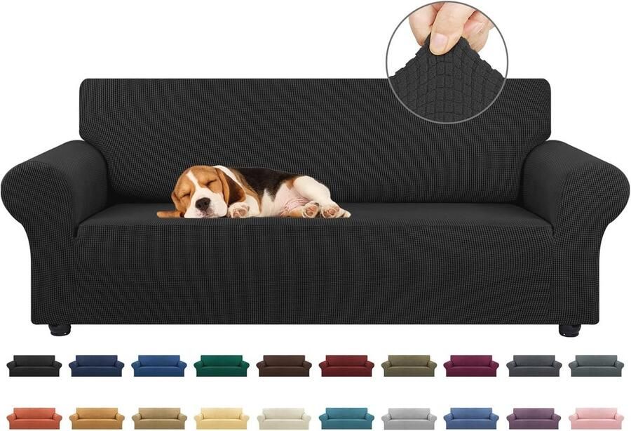 Stretch bankhoes 3 kussens huisdiervriendelijk (78-94 inch) meubelbeschermer voor bank met elastische onderkant veilig voor kinderen en honden jacquard klein geruit (groot zwart) - Foto 2