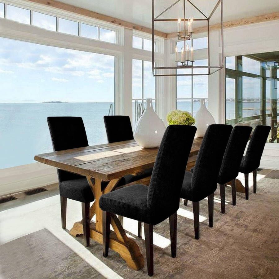 Merkloos Stretch Stoelhoes Eetstoelhoezen Stoelhoezen voor Eetkamerstoel Verwijderbare Wasbare Stoelhoezen voor thuis restaurant hotel Decor (6 Stuks Zwart)-M