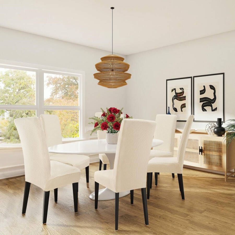 Stretch Stoelhoes Eetstoelhoezen Stoelhoezen voor Eetkamerstoel Verwijderbare Wasbare Stoelhoezen voor thuis restaurant hotel Decor (6 Stuks Crème)-M