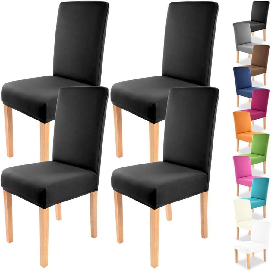 Stretch Stoelhoes Set van 4 voor Ronde en Hoekige Stoelen – Bi-Elastische Pasvorm – Oeko-Tex Standaard 100 Keurmerk (Zwart)