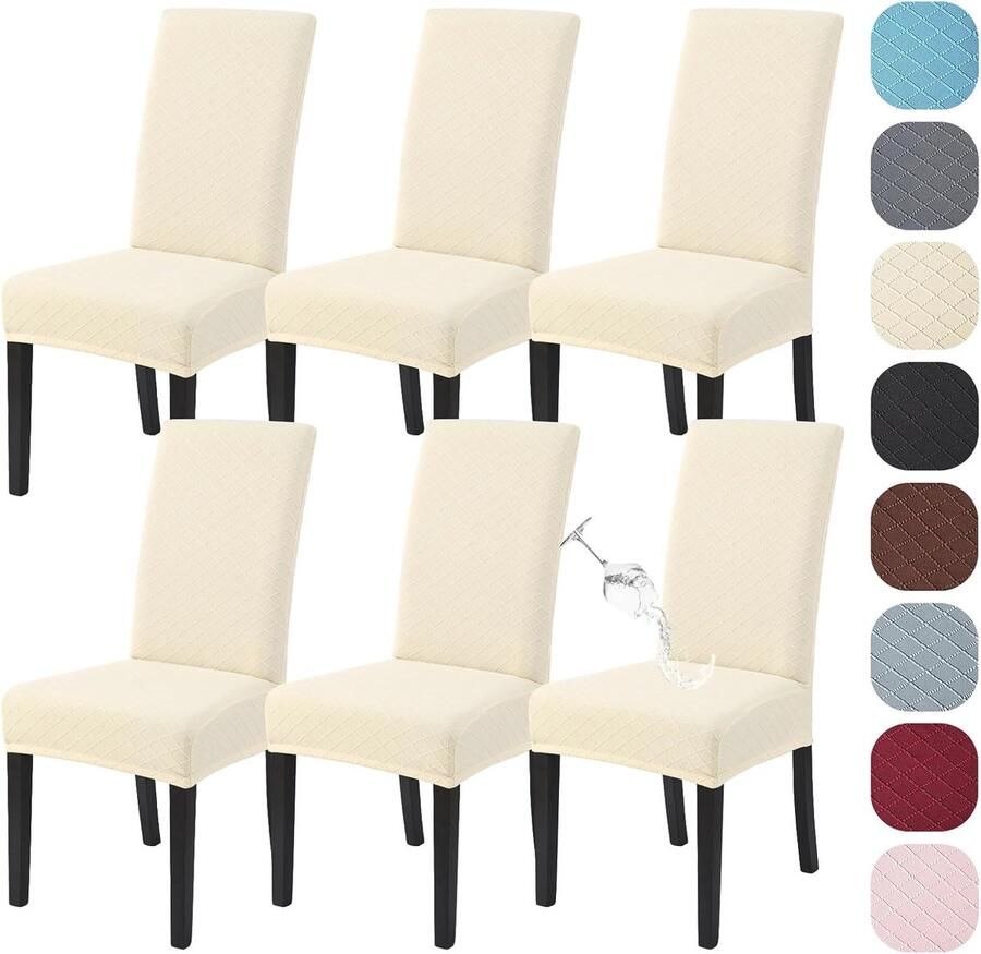 Stretch Stoelhoezen Set van 6 Universeel Modern Jacquard Waterdicht Elastische Hoezen voor Eetkamer en Keuken (Beige)