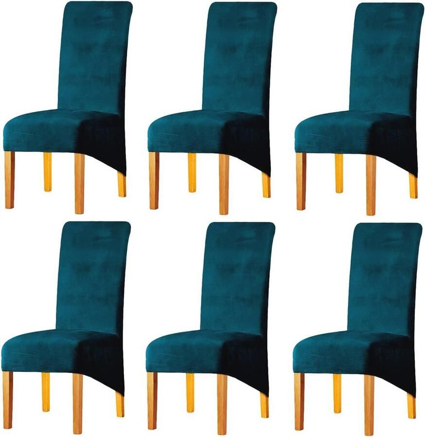 Stretch stoelhoezen voor hoge rug eetkamerstoelen Set van 6 Verwijderbaar en wasbaar Fluweel Groenblauw