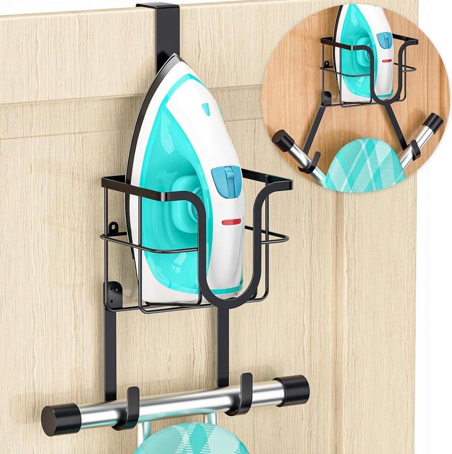 Strijkplankhouder Inklapbare wandhouder met opbergmand en afneembare haak Roestvrij staal 304 Strijkijzerhouder Wandmontage Deur voor waskeuken