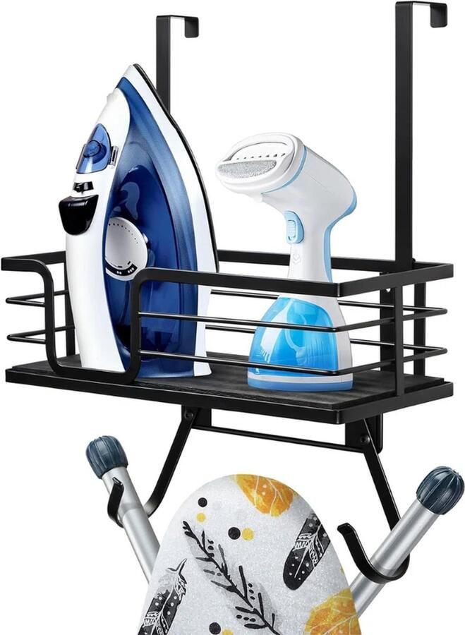Strijkplankhouder Strijkplank Wandmontage met grote opbergmand en sterke haken Strijkijzer- en strijkplankhouder voor wasruimte Houdt strijkijzer plank spuitflessen vast