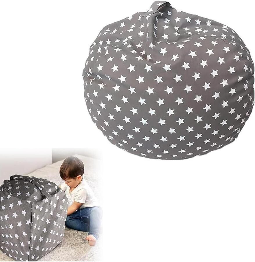 Stuffed Animal Bean Bag Storage Bag with Zipper Children's Toy Storage and Seat Cushion for Reading and Storing Toys (Grey Stars)