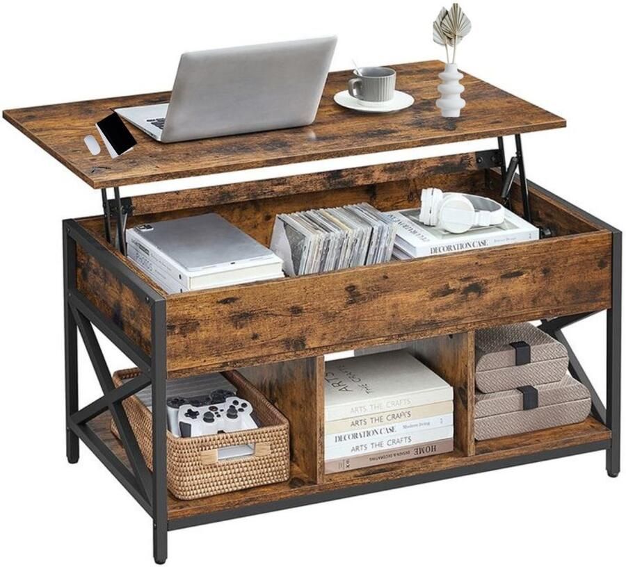 Signature Home stylo Salontafel in hoogte verstelbare woonkamertafel salontafel met verborgen opbergruimte en open vakken stalen frame vintage bruin zwart 50 x 100 x (46 5-62) cm