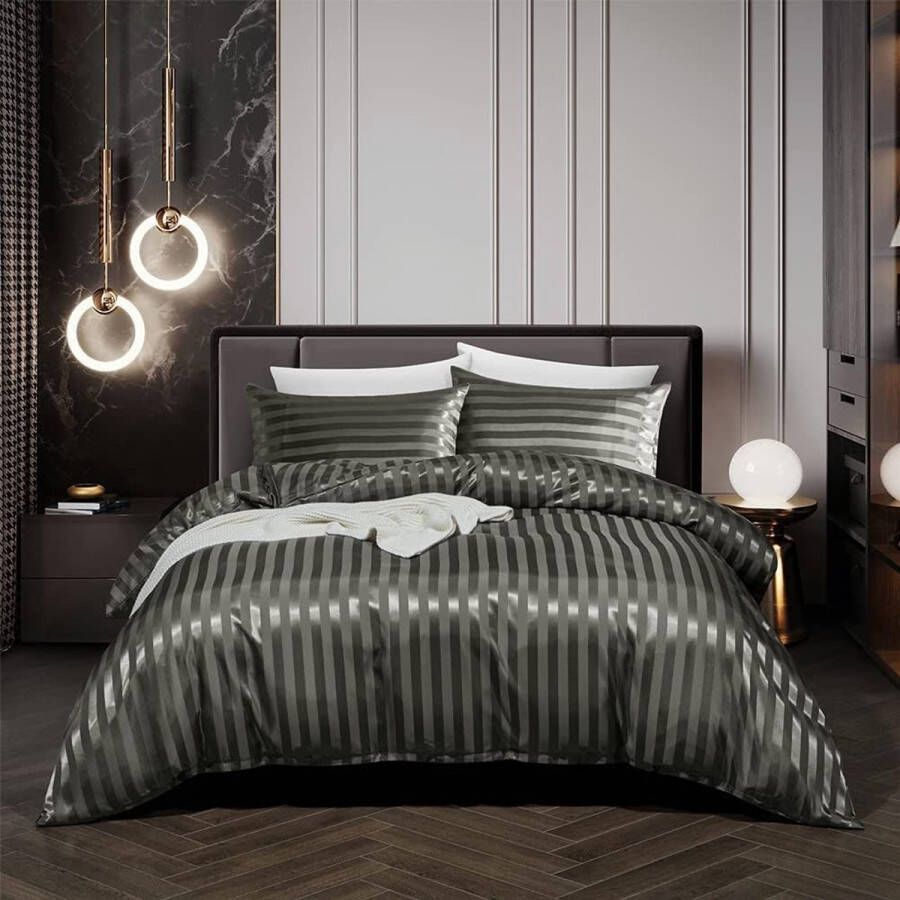 Summer Satin Bed Linen 135 x 200 cm Grey Dark Grey Shiny Plain Bed Linen Set Silk Smooth Luxury Duvet Cover Gloss Satin Striped Duvet Cover with Zip 1 Pillowcase 80 x 80 cm