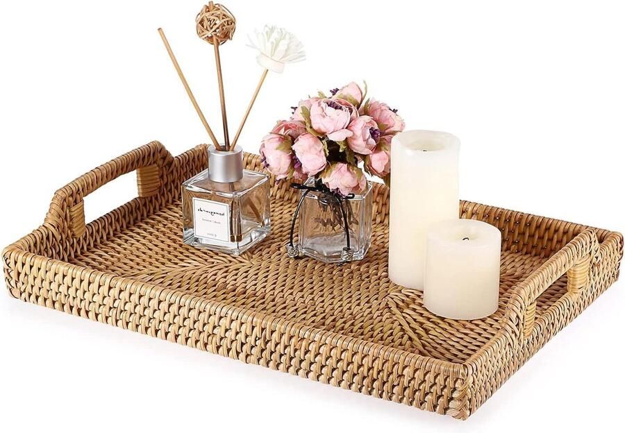 Sumnacon Rechthoekige Rotan Geweven Dienblad Decoratieve Display Lade Opbergschalen Handvat Tafel Desktop Organizer Koffie Drank Ontbijt Thee Kaars 34 x 24 cm