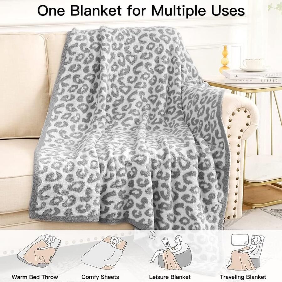 Sungeek Cuddly Blanket Super Soft Plush Blankets with Leopard Print Warm and Cosy Knitted Polyester Blanket Throw Reversible Fluffy Blanket for Couch Bed Sofa Travel 130 x 150 cm (Light
