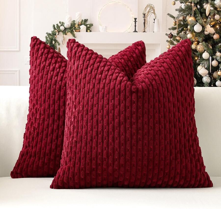 Sungeek Set van 2 Corduroy Kussenhoezen Decoratieve Kussenhoezen Zachte Kussenhoes Sierkussen Bankkussen Boho Decoratieve Hoes Kussenhoes voor Bank Slaapkamer Woonkamer (Wijnrood 55 x 55 cm)