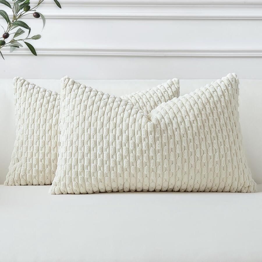 Ibenzoa Set van 2 decoratieve corduroy kussenslopen in crèmewit voor bank en slaapkamer
