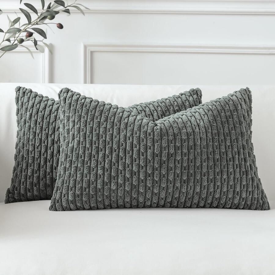 Sungeek Set van 2 Corduroy Kussenhoezen Decoratieve Kussenhoezen Zachte Kussenhoes Sierkussen Bankkussen Boho Decoratieve Hoes Kussenhoes voor Bank Slaapkamer Woonkamer (Donkergrijs 30 x 50 cm)