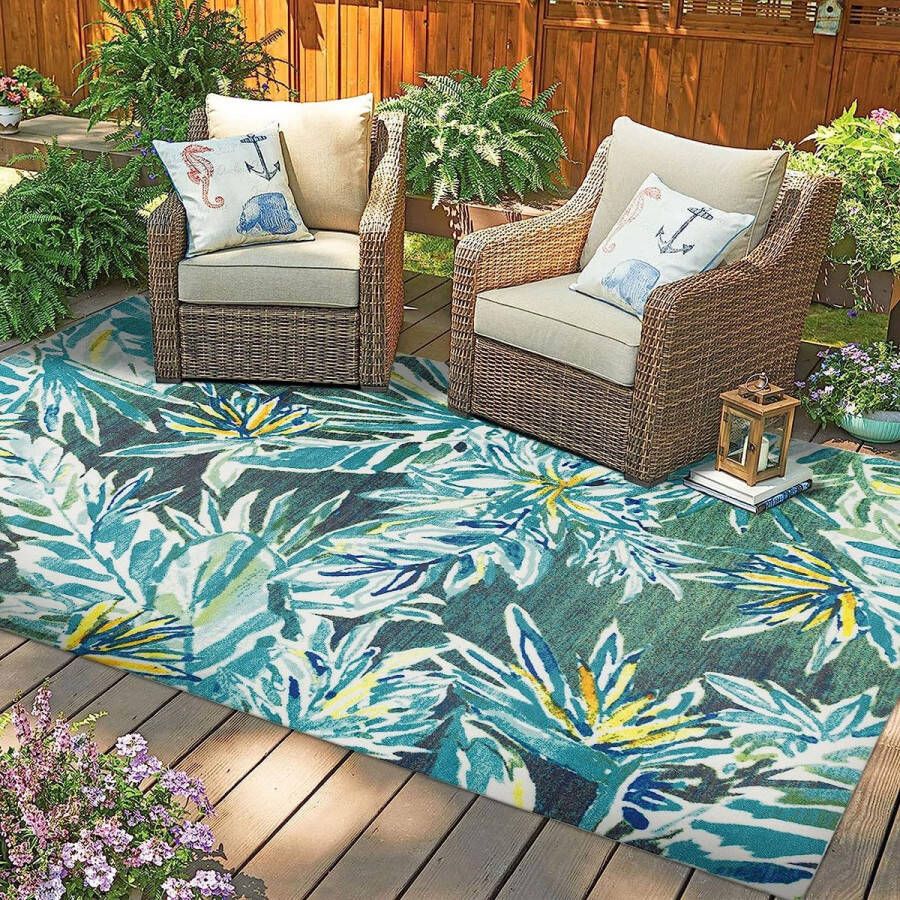Sunshine Outdoor tapijt weerbestendig bloementapijt uv-bestendig buitentapijt bladeren palmen jongen voor tuin balkon terras groen 120 x 170 cm