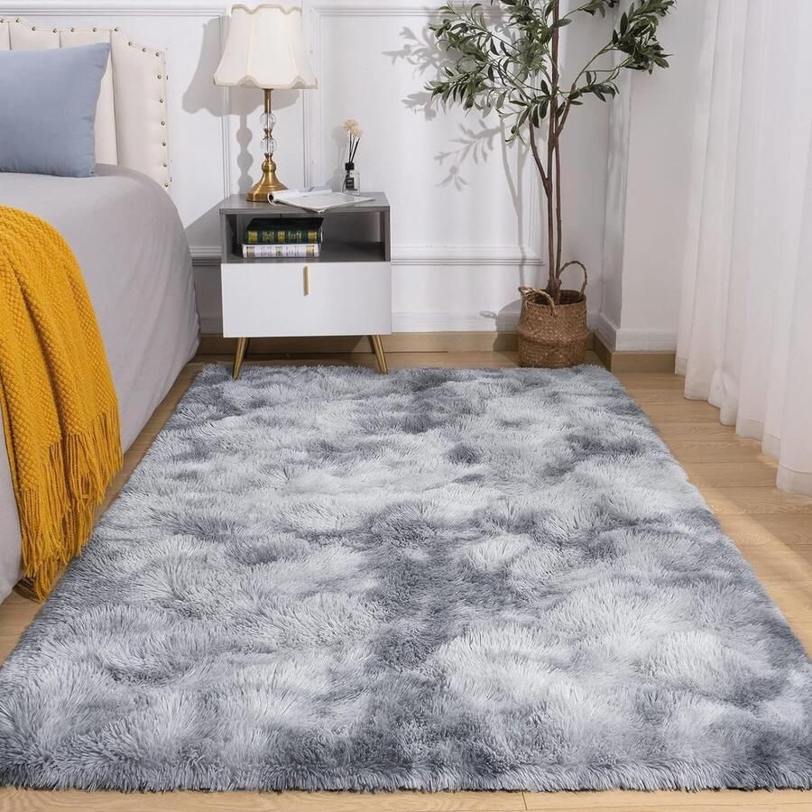 Super Fluffy Shaggy Tapijt Zachte Vloermat voor Woonkamer en Slaapkamer Comfortabel Pluche Tapijt (80x120cm Grijs Wit)