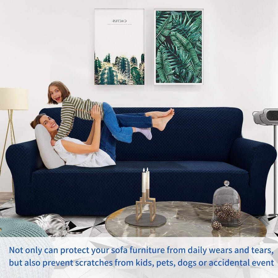 Super Stretch Zetelhoes voor 2 zitplaatsen bank 1-delige universele bankhoezen woonkamer Jacquard Spandex meubelbeschermer honden huisdiervriendelijk ingerichte bank Slipcover (2 zitsbank marineblauw)