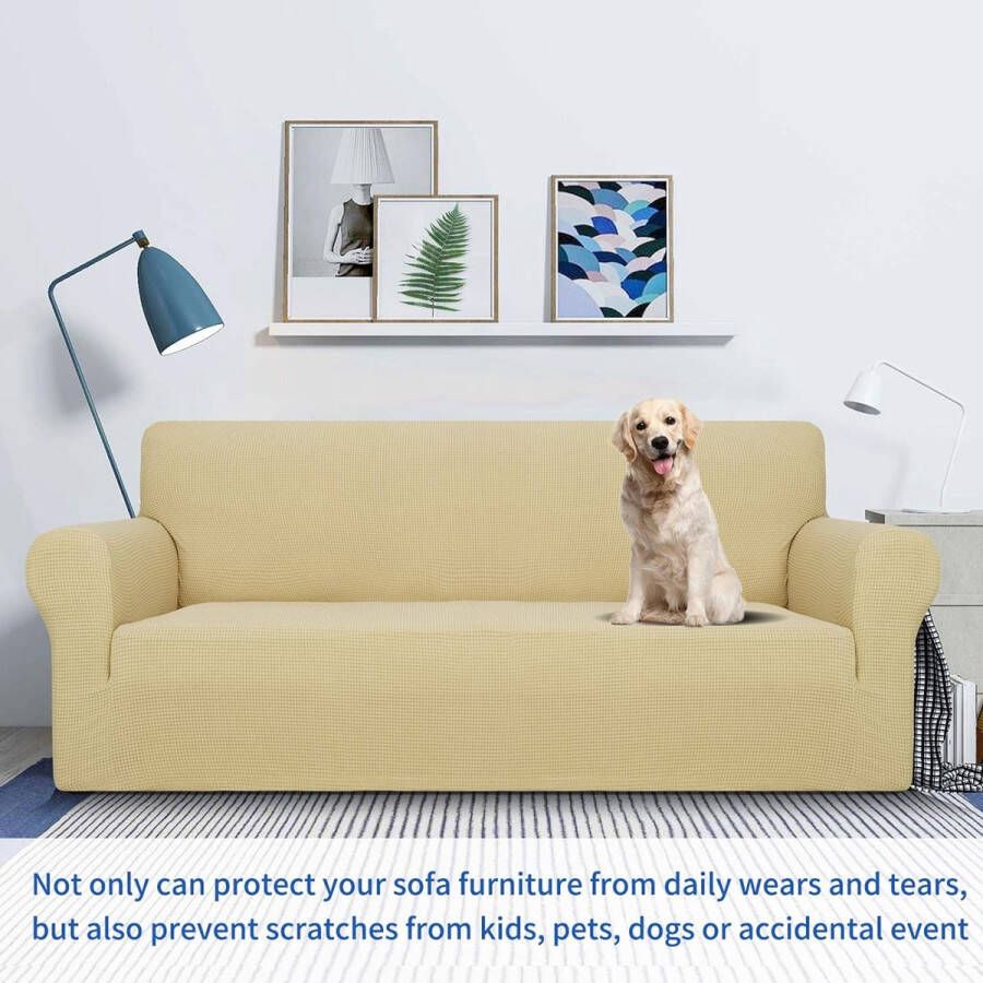Super Stretch Zetelhoes voor 4 zitplaatsen bank 1-delige universele bankhoezen woonkamer Jacquard Spandex meubelbeschermer honden huisdiervriendelijk ingerichte bank Slipcover (4 Zitsbank Beige) - Foto 2