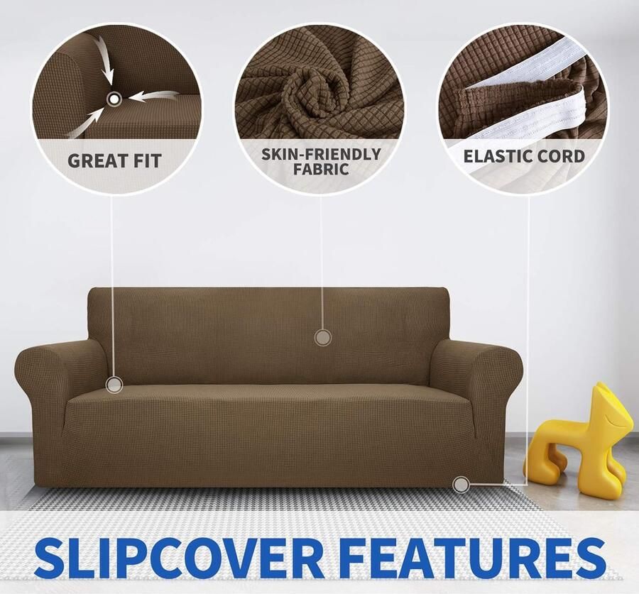 Super Stretch Zetelhoes voor 4 zitplaatsen bank 1-delige universele bankhoezen woonkamer Jacquard Spandex meubelbeschermer honden huisdiervriendelijk ingerichte bank Slipcover (4 Zitsbank Bruin)