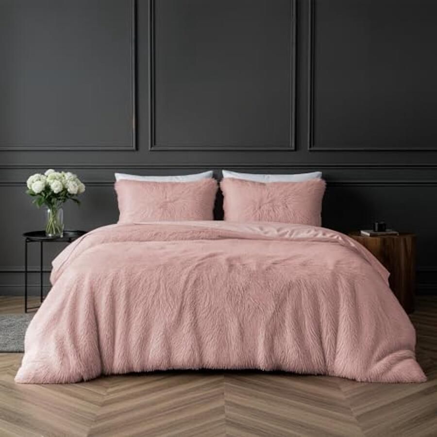 Super Zacht en Luxe Duvet Cover Set met Nepleren Vacht Roze Voor Tweepersoonsbed