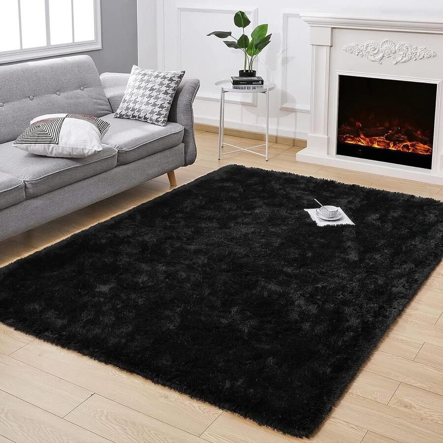Hoogpolig super zacht langharig wollig tapijt comfortabele plek woonkamer slaapkamer fluffy vloerkleed kinderen zwart 80 x 150 cm