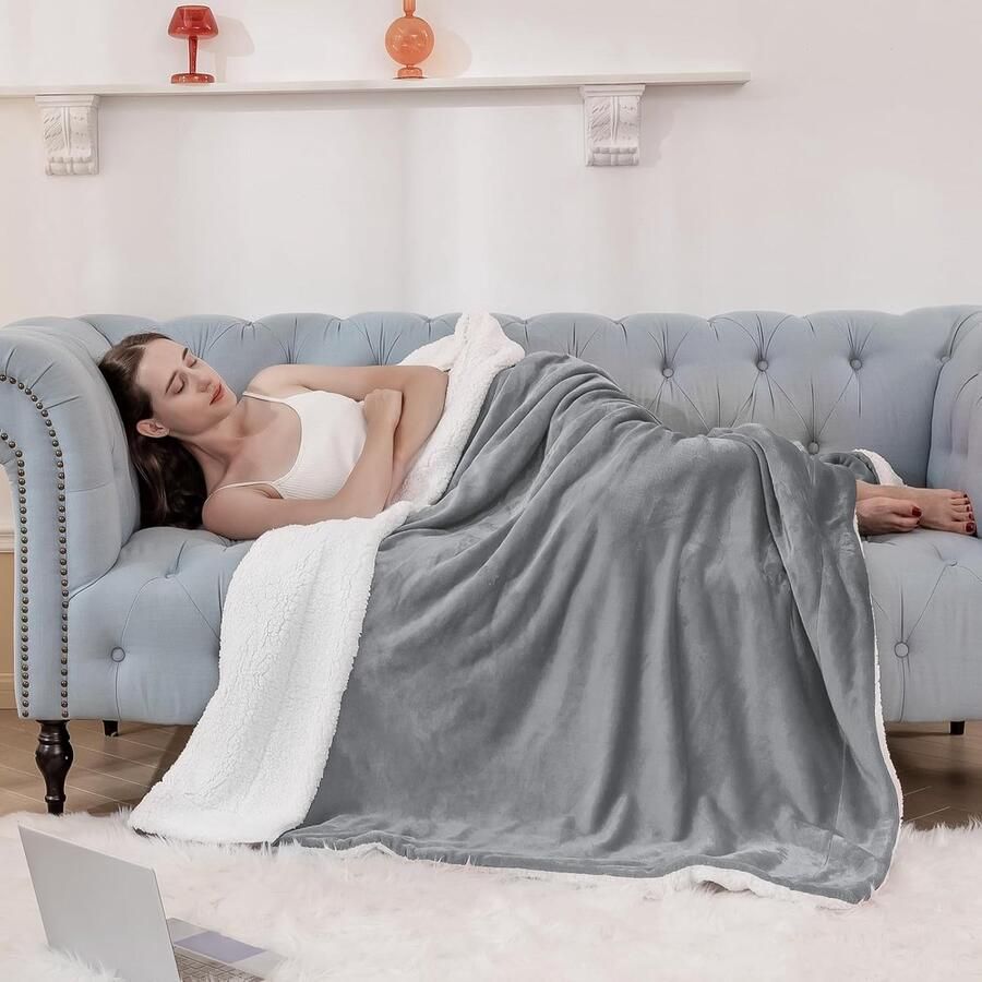 Super zachte fleece deken grijze Sherpa Fleece plaids dikke warme sierdeken tweepersoonsbed 150 x 200 cm pluizig microvezeldeken banken bank grijs