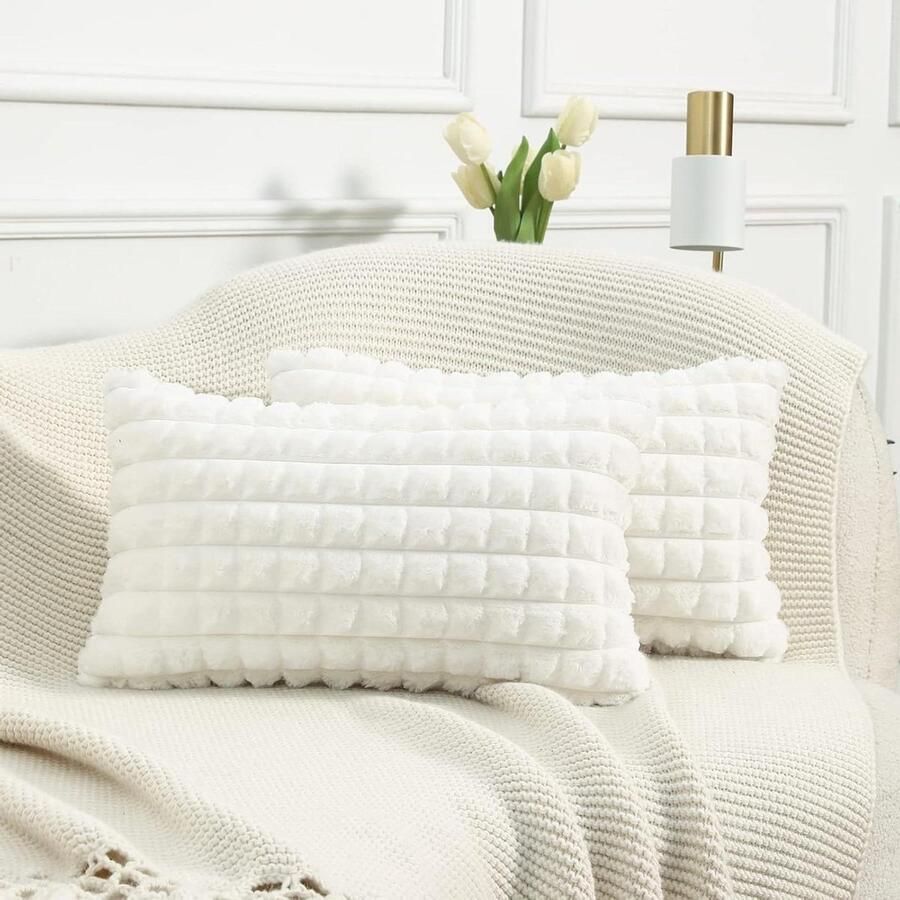 Super zachte pluche witte kussenslopen set van 2 30 cm x 50 cm kunstbont geruite textuur sierkussenslopen rechthoek decoratieve kussenslopen woondecoratie bank bed woonkamer