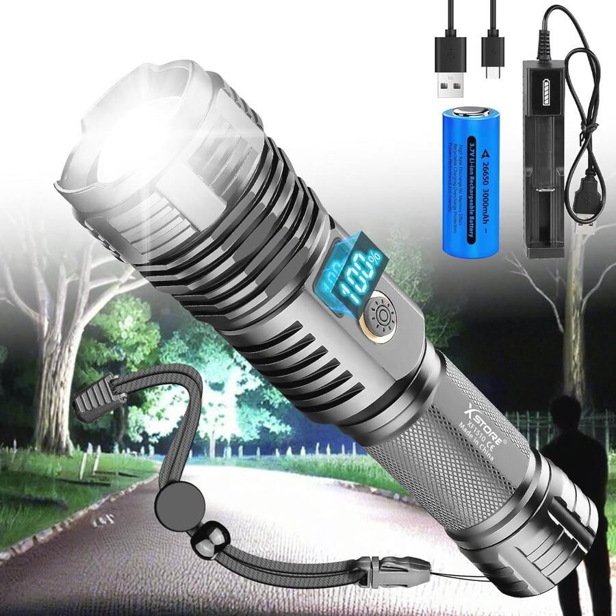 Superheldere LED Zaklamp 12000 Lumen met LCD-display Oplaadbare Waterdichte Powerbank voor Kamperen en Wandelen