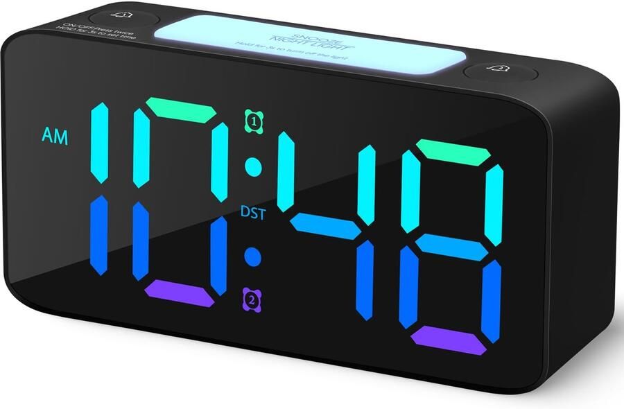 Superluide wekker voor zware slapers (volwassenen) digitale klok met 7-kleurig nachtlampje instelbaar volume USB-oplader kleine klokken voor naast het bed in de slaapkamer geschikt om kinderen en tieners wakker te maken (zwart + RGB)