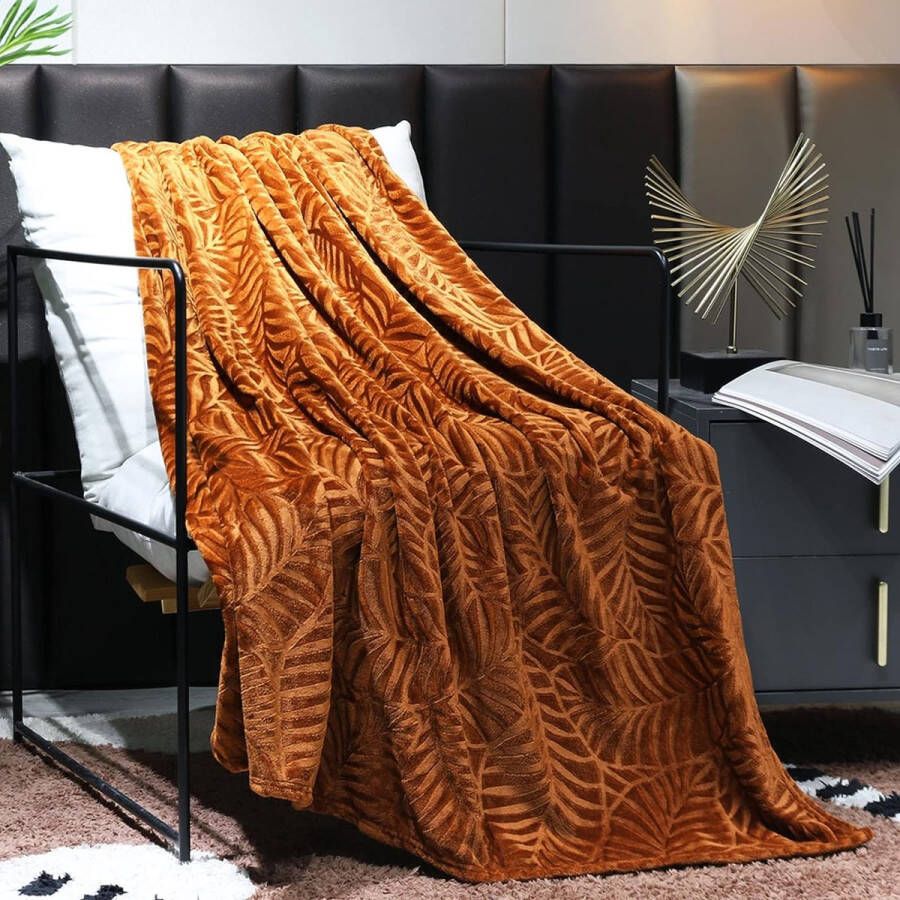 Superzachte flanellen fleece deken lichtgewicht gezellige warme bladeren getextureerde pluche deken voor bed bank 127 cm x 150 cm karamel
