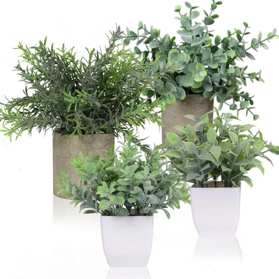 SuQurtom 4-pack kunstplanten in potten mini-kunstmatige eucalyptusplanten kunstplanten van kunststof rozemarijn-eucalyptus voor in de badkamer klein voor op kantoor bureau slaapkamer keuken huisdecoratie