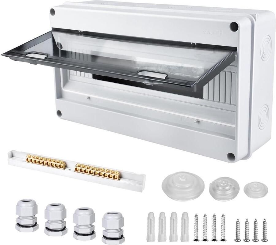 Surface-Mounted Distribution Box IP65 with 1 Row 18 Modules Brass Clips Distributor Small Divider for Wet Rooms Gardens Outdoor Villas Loading