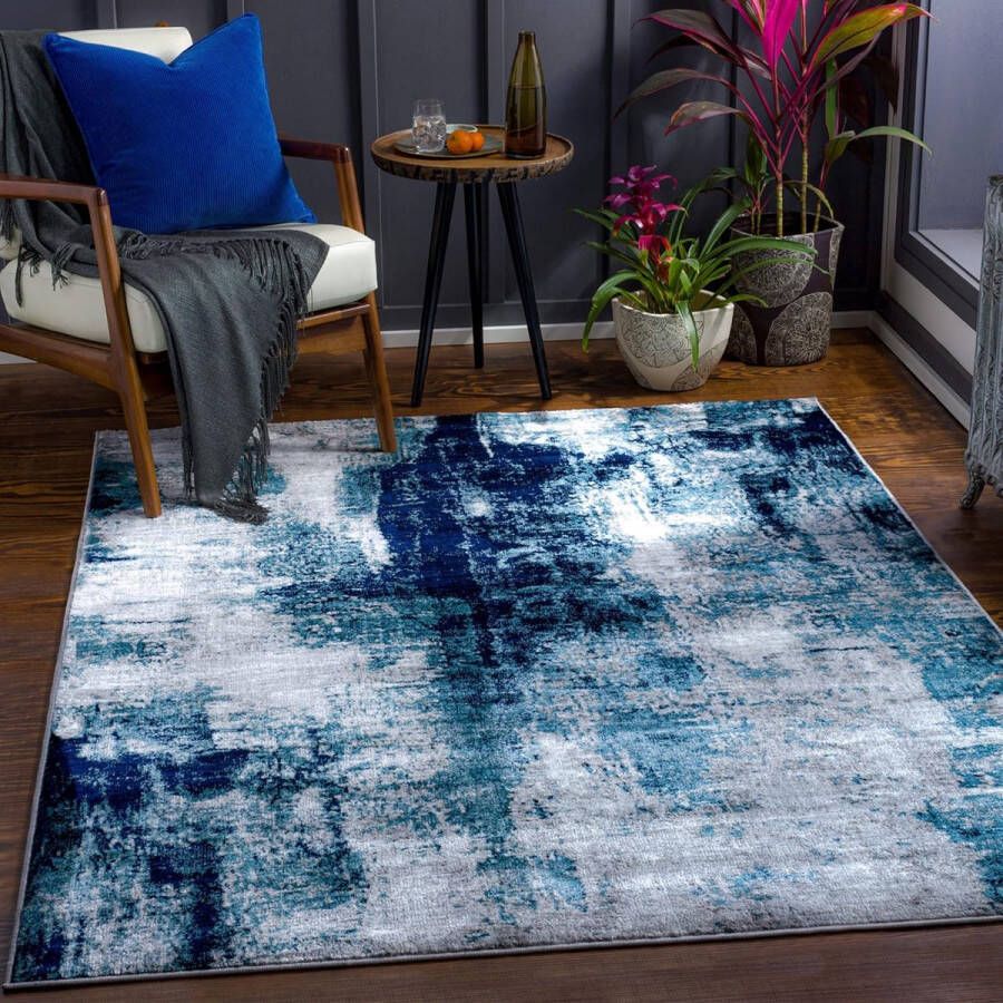 Surya Helsinki Abstract tapijt vloerkleden voor woonkamer eetkamer woonkamer slaapkamer marmeren tapijt modern en luxueus met zachte pool voor onderhoudsarm groot tapijt 160 x 220 cm blauw