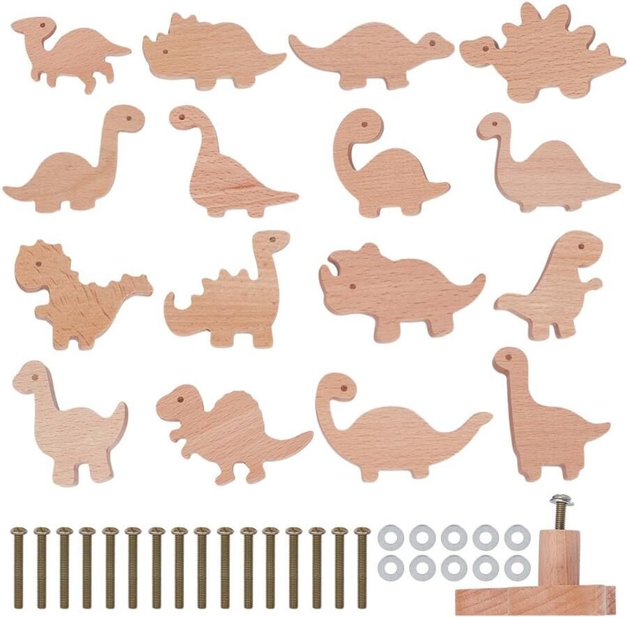 SVG commerce 16 stks Houten Dierenkast Knoppen Dinosaurus Hout Lade Knop Decoratieve Houten Dressoir Knoppen Natuurlijke Houten Lade Trekt met Schroeven voor Thuis Deurknop Meubelgrepen Kasten