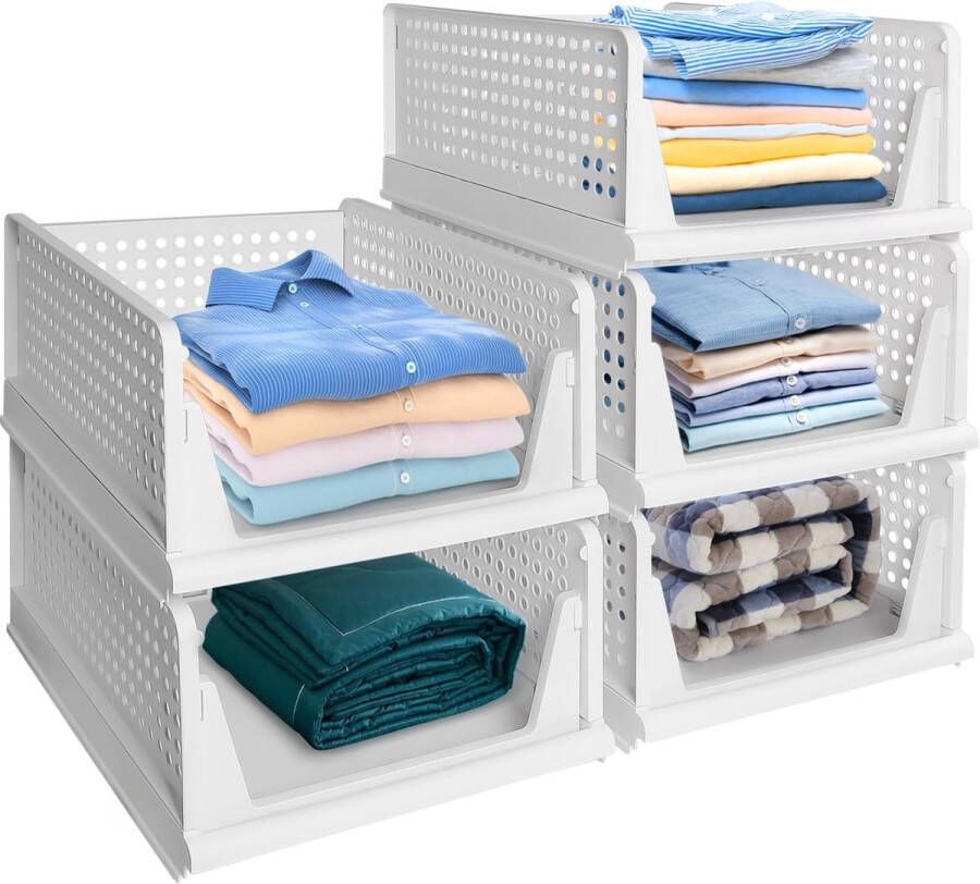 SWAWIS Stackable Wardrobe Storage Box Stackable Foldable Wardrobe Plastic Foldable Storage Boxes Drawer Wardrobe Organiser Shelf for Bedroom Kitchen Bathroom Pack of 5