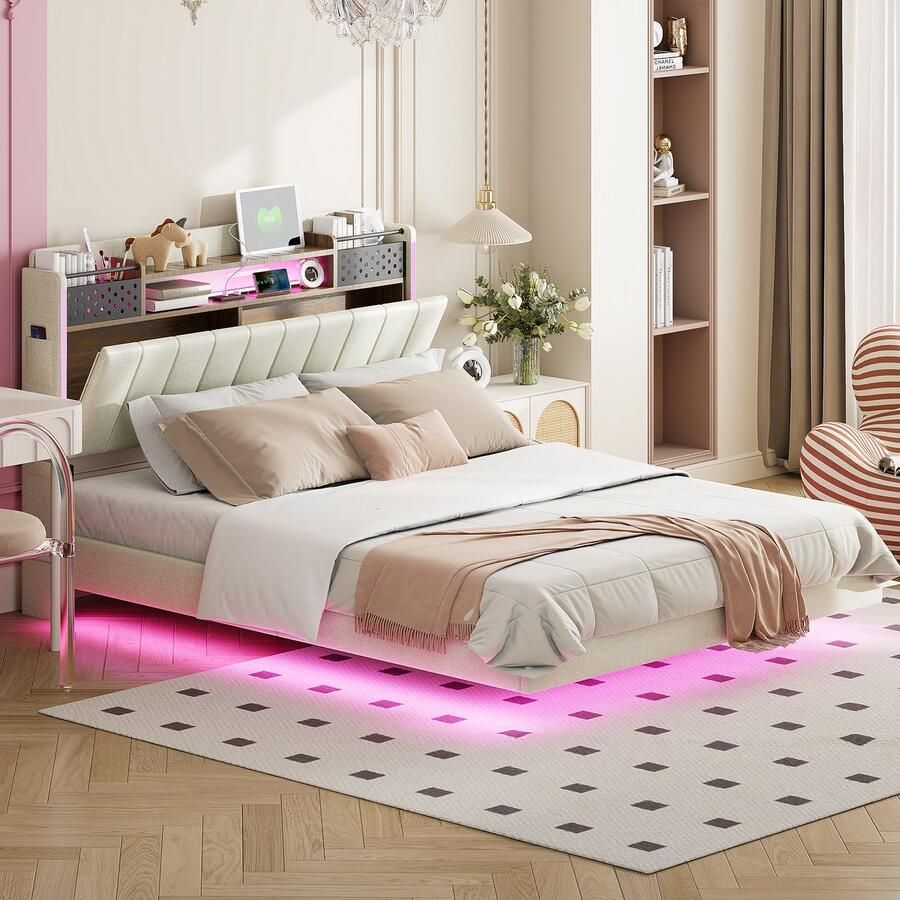 Sweiko 140x200cm Kussen bed met LED Verlichting en USB aansluiting Hoofdeinde met opbergruimte zwevend bed jeugdbed volwassen bed beddengoed Beige (Zonder matras)