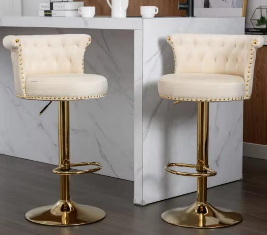 Sweiko Barstoel Barkruk Draaibaar 2-delige set 360° Rotatie Verstelbare Rechthoekige Stoel met Voetenbank Keuken en Restaurant Draaibaar Beige