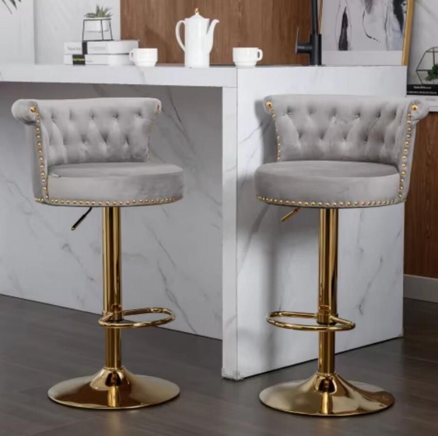 Sweiko Barstoel Barkruk Draaibaar 2-delige set 360° Rotatie Verstelbare Rechthoekige Stoel met Voetenbank Keuken en Restaurant Draaibaar Grijs