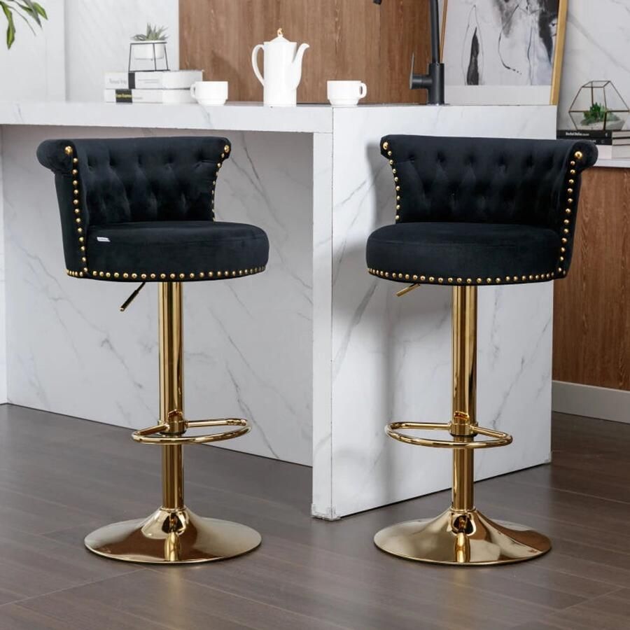 Sweiko Barstoel Barkruk Draaibaar 2-delige set 360° Rotatie Verstelbare Rechthoekige Stoel met Voetenbank Keuken en Restaurant Draaibaar Zwart