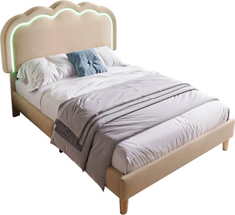 Sweiko gestoffeerd bed LED eenpersoonsbed 90 x 190 cm bedombouw met lattenbodem en verstelbaar hoofdeinde gestoffeerd bed in beige bedombouw jeugdbed voor slaapkamer logeerkamer linnenmateriaal