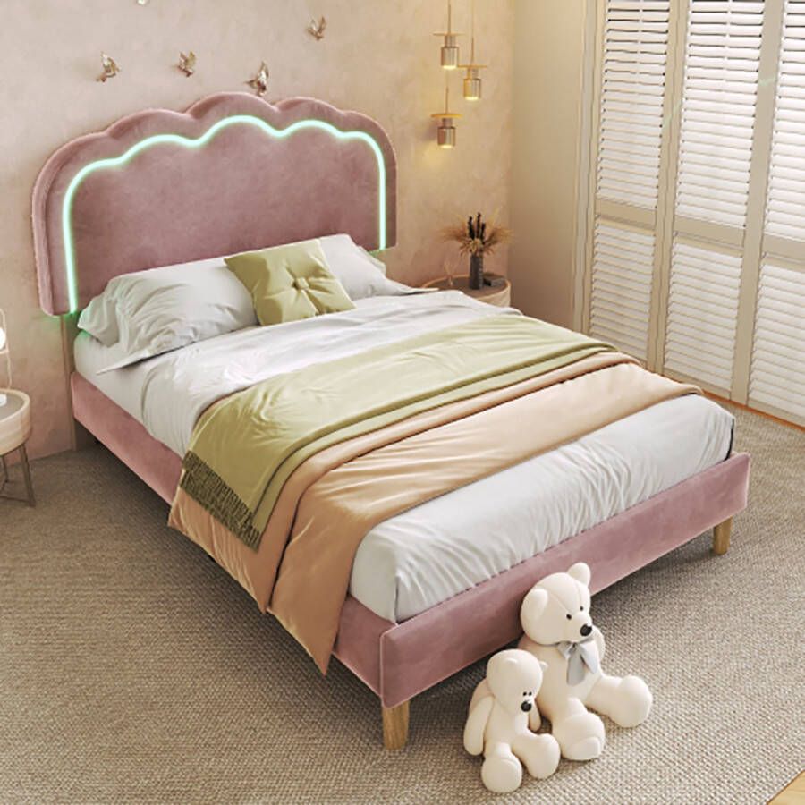 Sweiko gestoffeerd bed LED eenpersoonsbed 90 x 200cm bedombouw met lattenbodem en verstelbaar hoofdeinde gestoffeerd bed in roze bedombouw jeugdbed voor slaapkamer logeerkamer fluweel